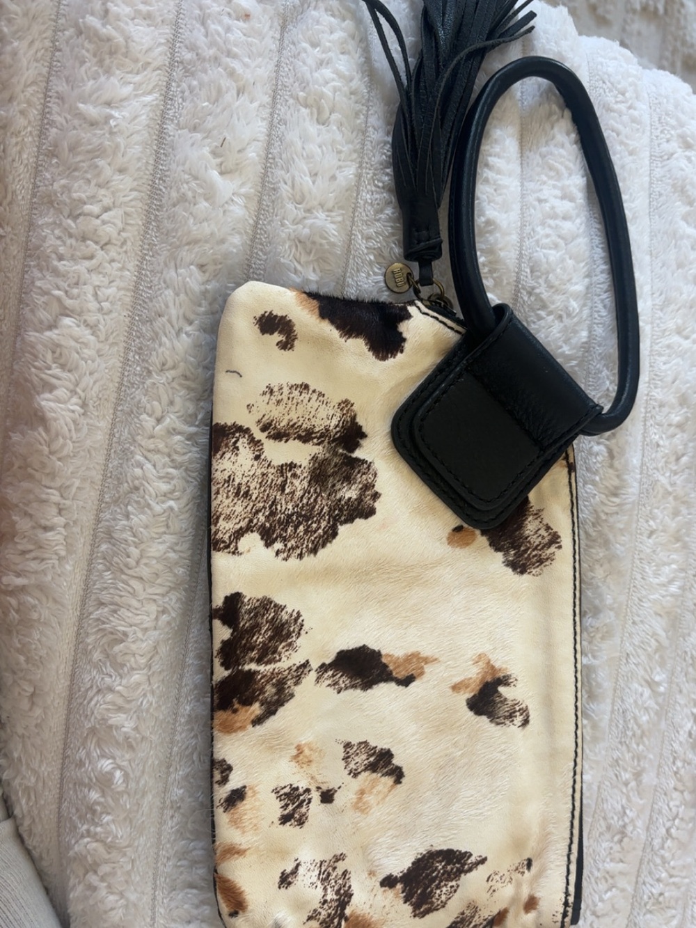 HOBO Cowhide Spot Wristlet in White, Brown and Black